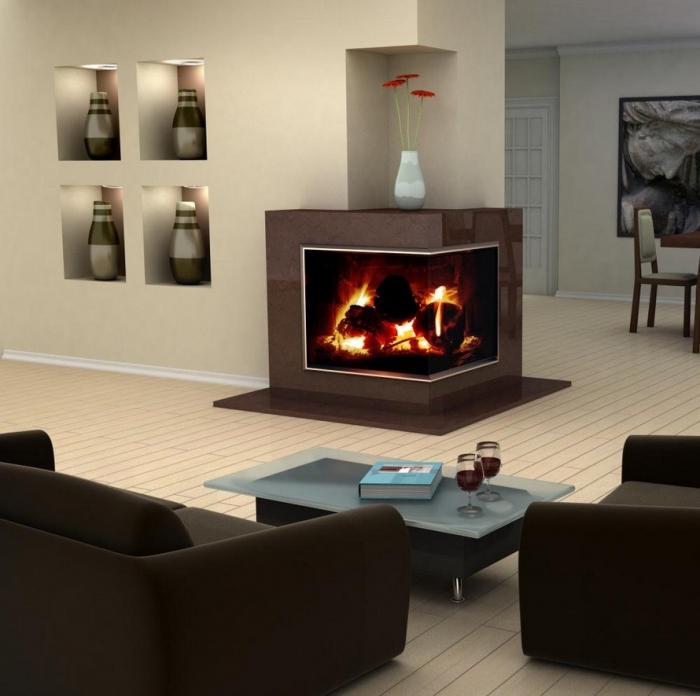 Dzīvojamās istabas dizains ar minimālisma stila kamīnu