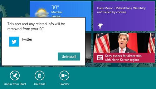 kā atinstalēt lietojumprogrammu no sākotnējā Windows 8 ekrāna